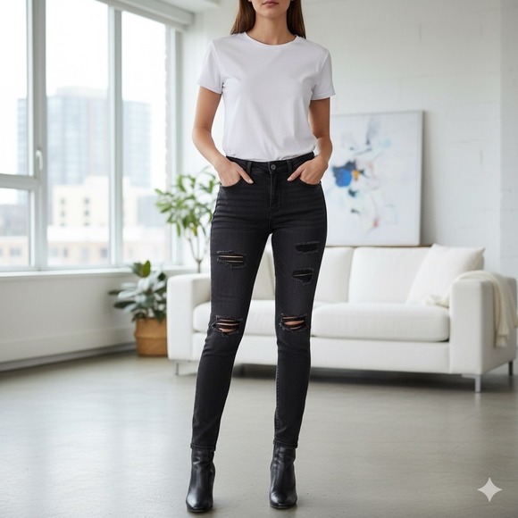 Mudd Denim - Mudd FLX Stretch Low Rise Skinny Distressed Ripped Jeans Womens 15 Black Denim